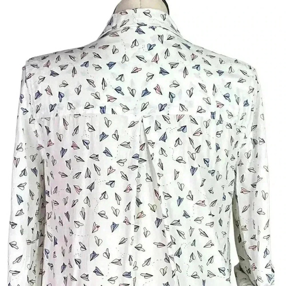 Jane and Delancey Top Women L White Multi Paper Airplane Button Up Blouse - Picture 8 of 9